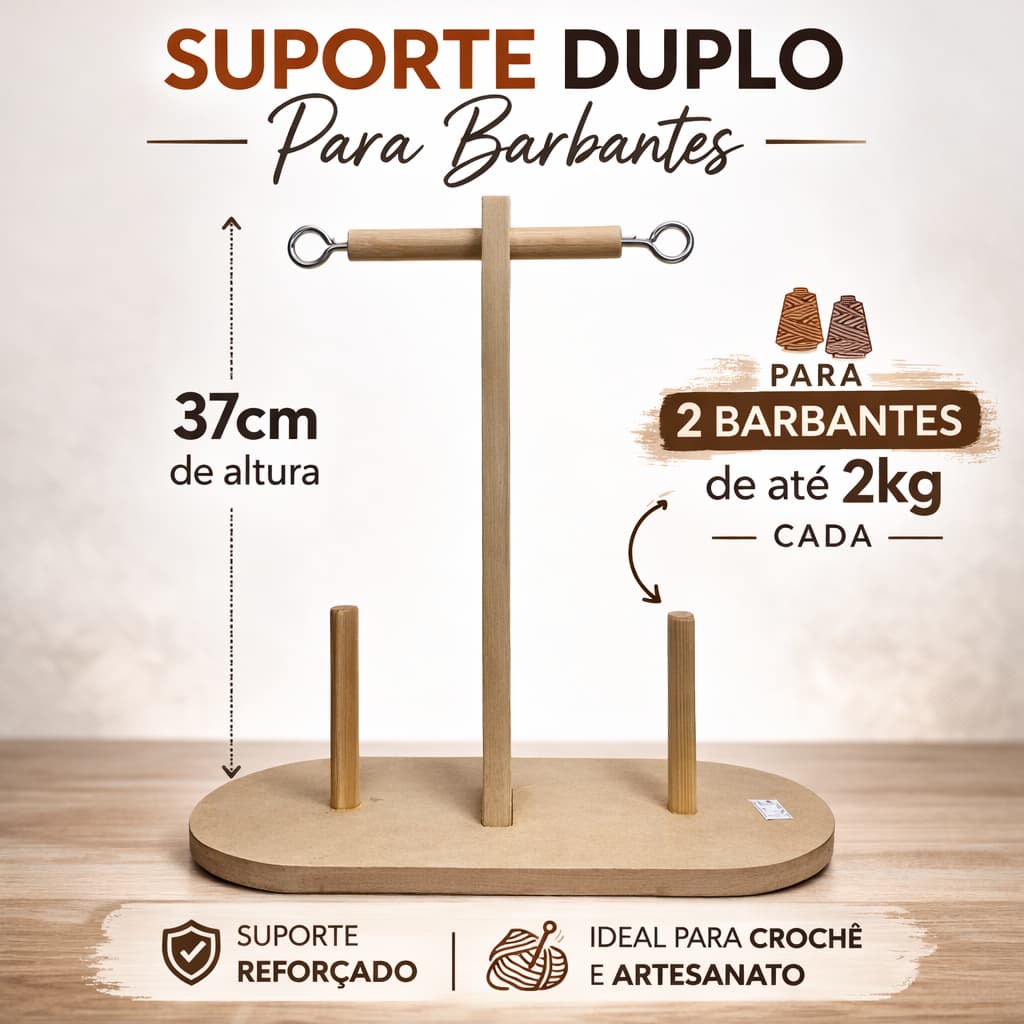 Suporte Duplo Para Barbante 2kg Porta Fio Crochê Madeira Reforçado EuroRoma Supremo