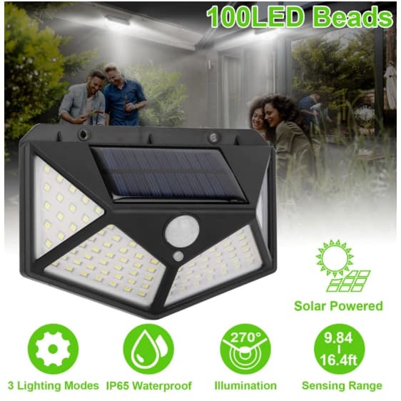 Luminária Solar 100 Led Com Sensor Prova D'Água Refletor Solar Parede LedSolar Luminaria para Jardim