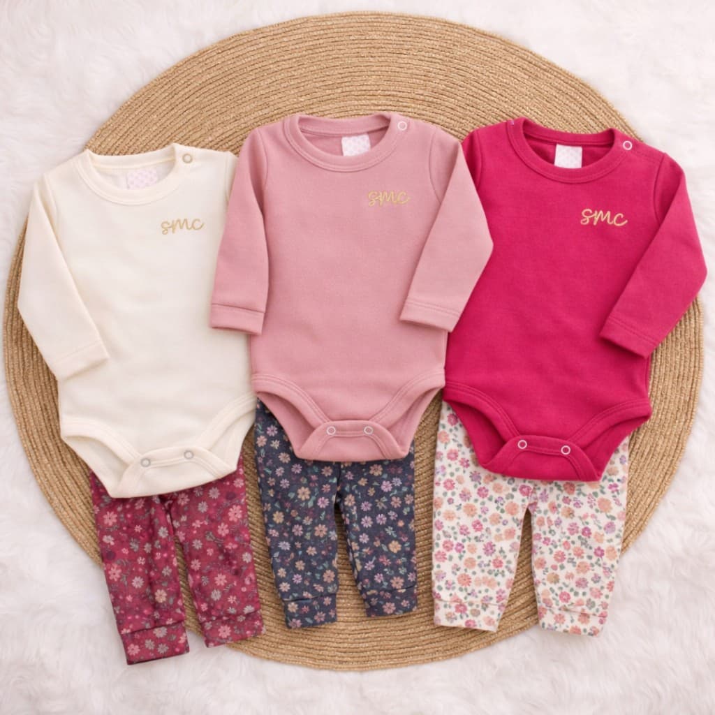 Conjunto Body E Calça Soft Flanelado Bebê Menina Roupa de Frio Térmica | 01 a 09 meses P-M-G