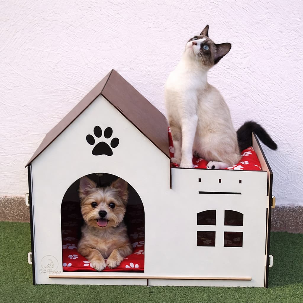 Casinha Pet MDF 6mm com 2 Almofadas – Para Gatos e Cachorros Pequenos Confortável