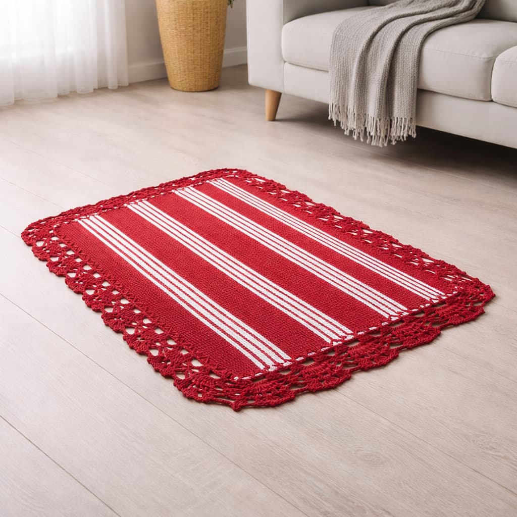 Tapete em Tear Borda de Crochê Decorativo para Casa Sala Cozinha ou Quarto —  Antiderrapante Durável