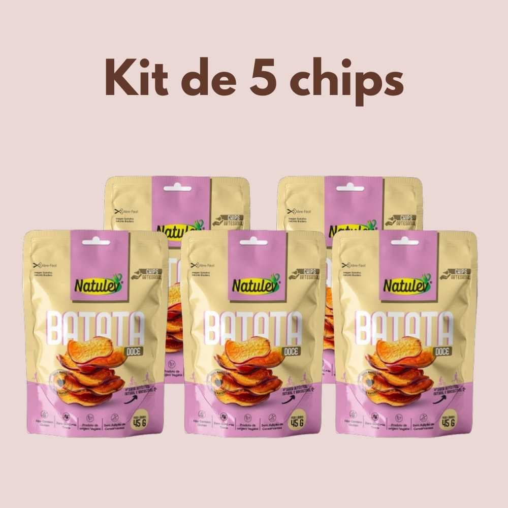 Kit 5 Snacks Naturais de Batata Doce – 45g Cada | Crocante, Saudável e Sem Glúten