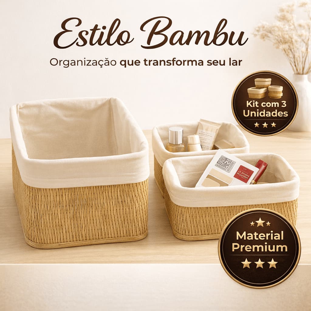 Kit Organizadores Bambu Cestos Multiuso Decoracao Armazenamento Casa Sala Cozinha
