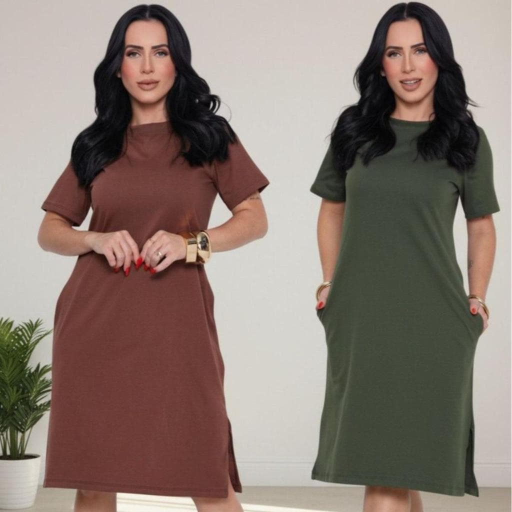 Kit 2 Vestido Casual Feminino Com Bolso 100 % Algodão Premium Confortável Moda Verão