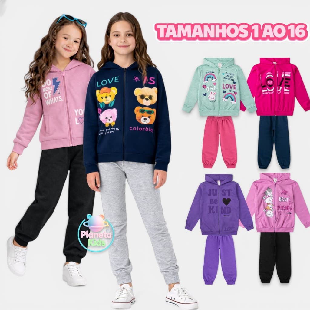 Kit 8 Peças Moletom Jaqueta com Capuz e Zíper e Calça Menina Inverno