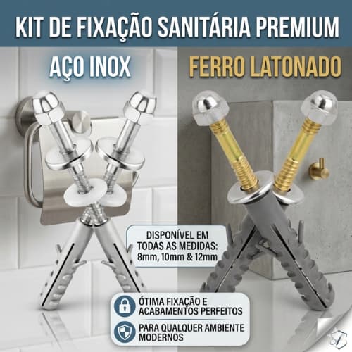 Kit C/2 Parafuso Fixador Vaso Sanitário 8mm 10mm 12mm Latonado/Inox Kit Completo Fixação Pia Tanque Cromado Completo