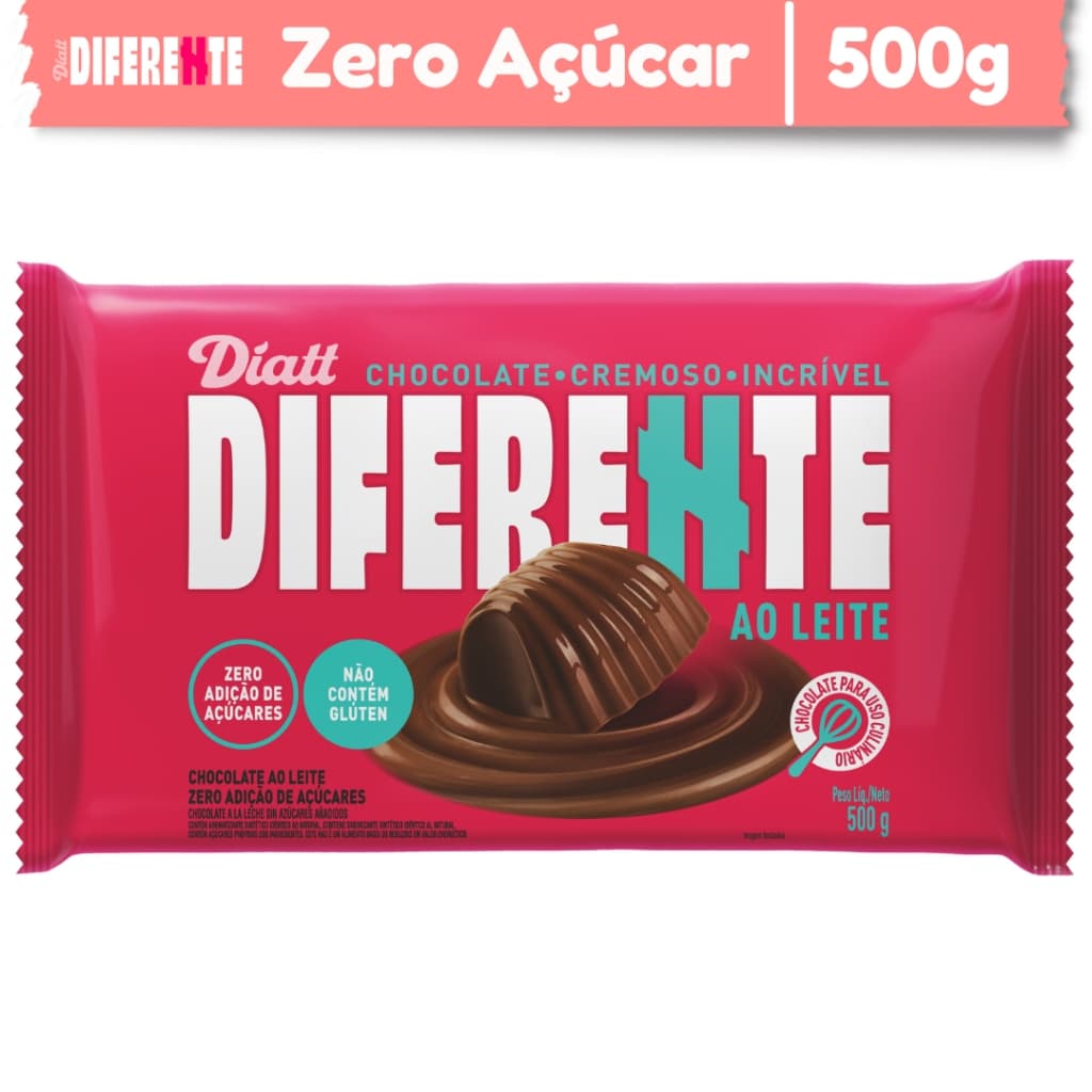 Barra Chocolate Ao Leite Zero Açúcar Diferente Diatt 500g 37% Cacau Confeitaria Saudável