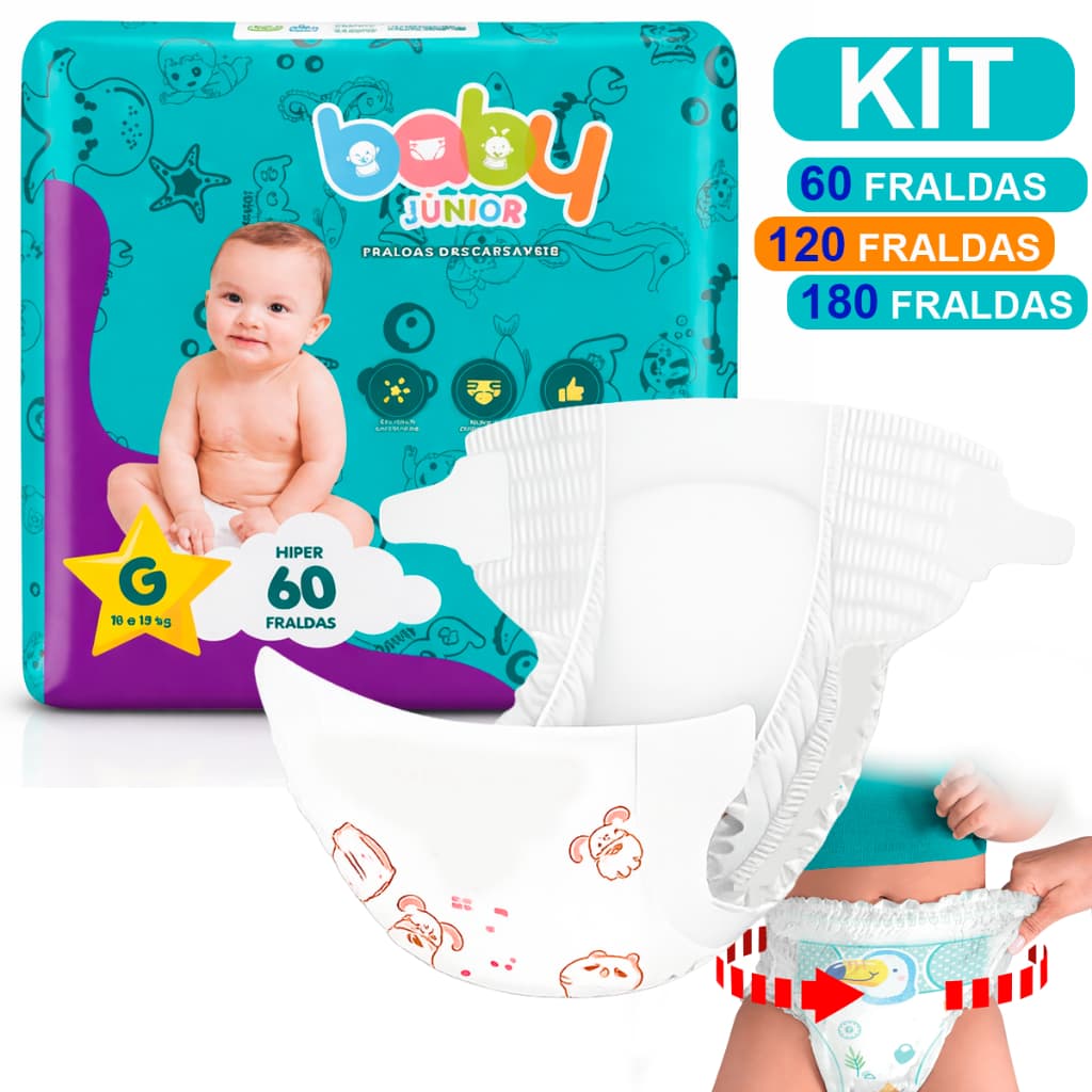 Kit de Fraldas Descartável Hiper G 60 a 180 unidades Baby Ajustável total max semelhante a Sumikko