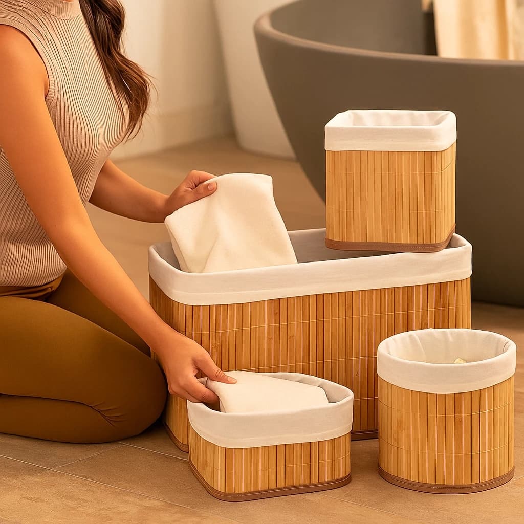 Conjunto 4 Cestos Organizadores Bambu Natural Armazenamento Cozinha Banheiro Closet