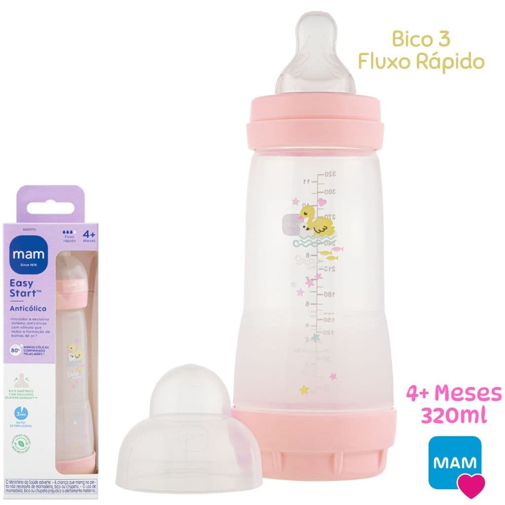 Mamadeira MAM Menina 4+ Meses Easy Start 320ml Bico Silicone Anticólica Fluxo Rápido Bebe Menina Rosa