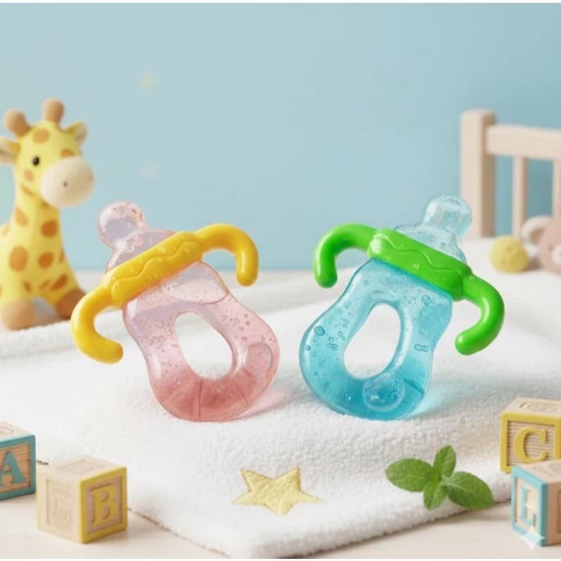 Mordedor Infantil Bebê com Água Massageador para Alívio Formato de Mamadeira - Azul Rosa Amarelo
