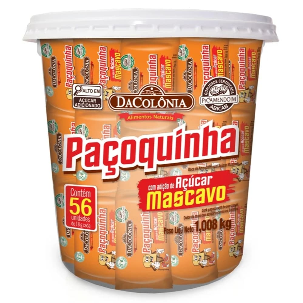 PAÇOQUINHA COM AÇÚCAR MASCAVO DACOLÔNIA | POTE 56 UNIDADES 18G | 1,008KG | DOCE DE AMENDOIM SAUDÁVEL