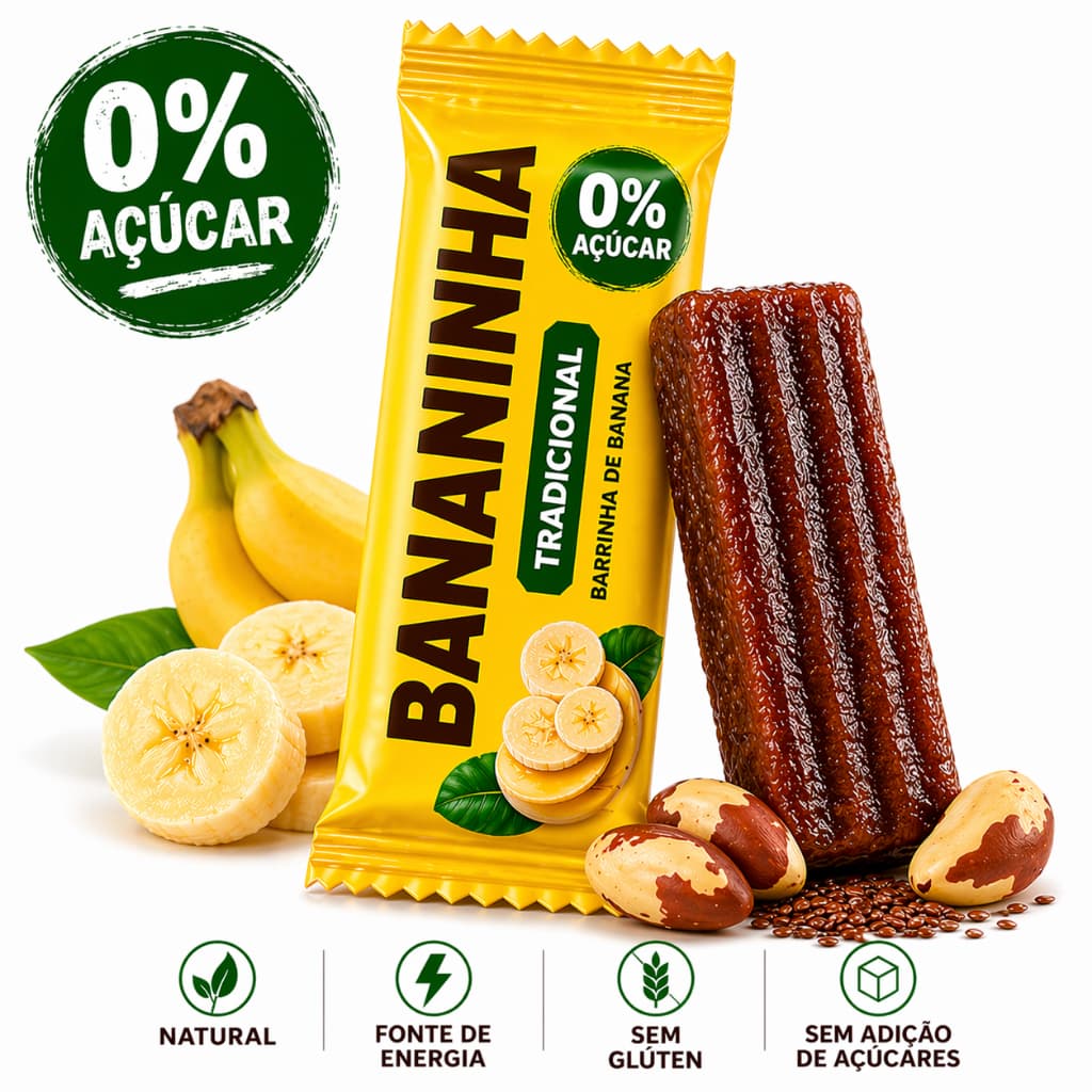 Barrinha de Banana 0% Açúcar Snack Fitness Natural com Whey Açaí Chia Sem Glúten Energia Saudável caixa 24 unid