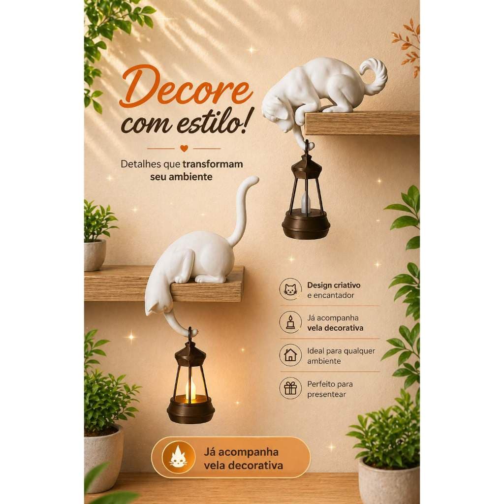 Luminária Gato ou Cachorro Curioso com Vela LED – Decoração Criativa para Quarto Sala Casa