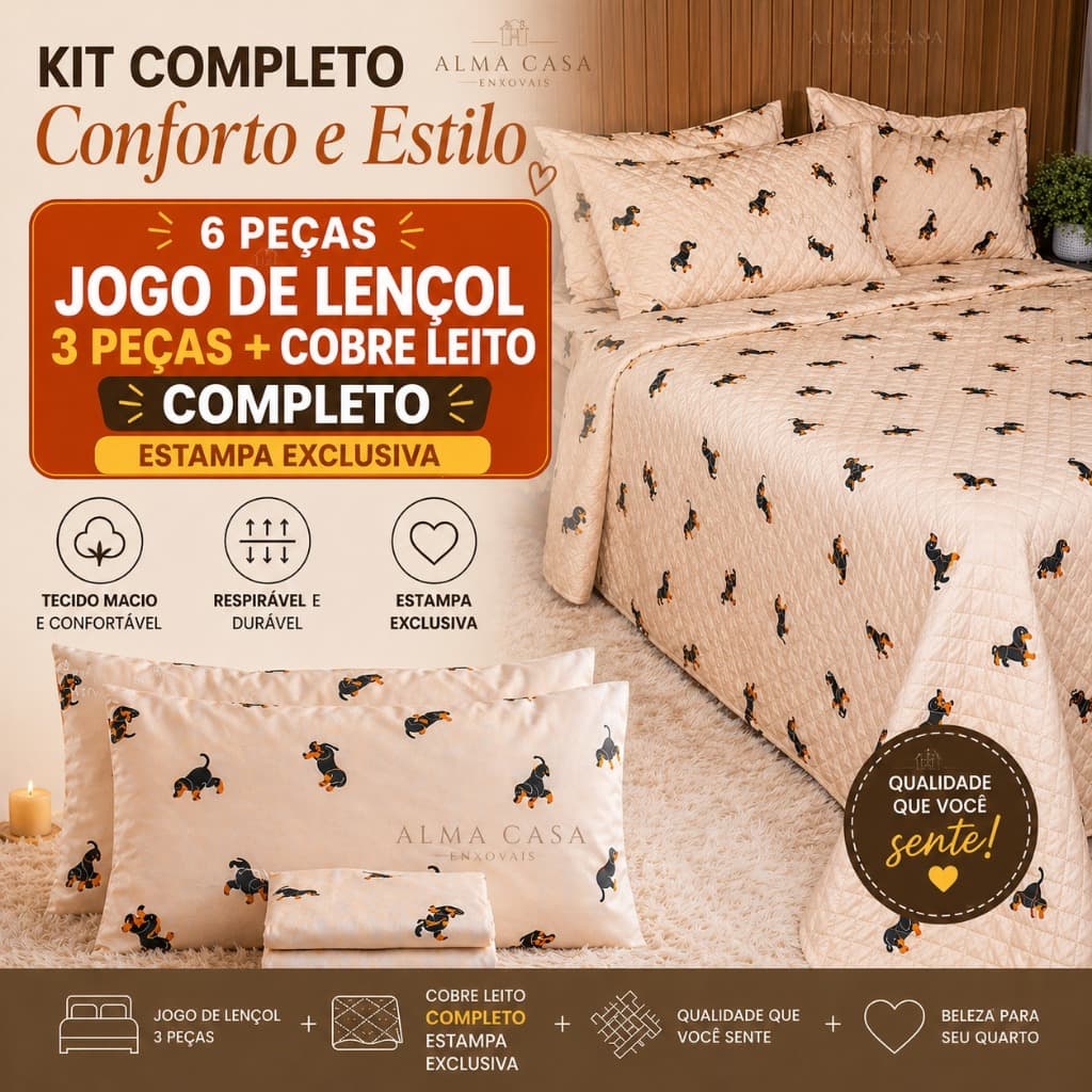 KIT 6 PEÇAS COMPLETO JOGO DE LENÇOL MAIS COBRE LEITO ESTAMPADO CACHORRO PET SALSICHA SOLTEIRO CASAL QUEEN