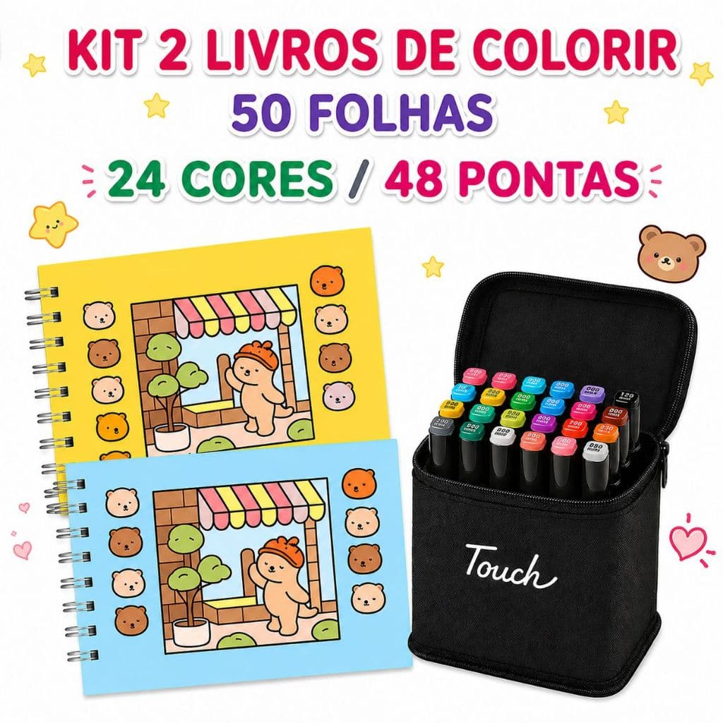 Kit 2 Livros de Colorir Capa Dura + 24 Cenetinhas Touch Ponta Dupla - Holográfico 50 Folhas Bob Comfy