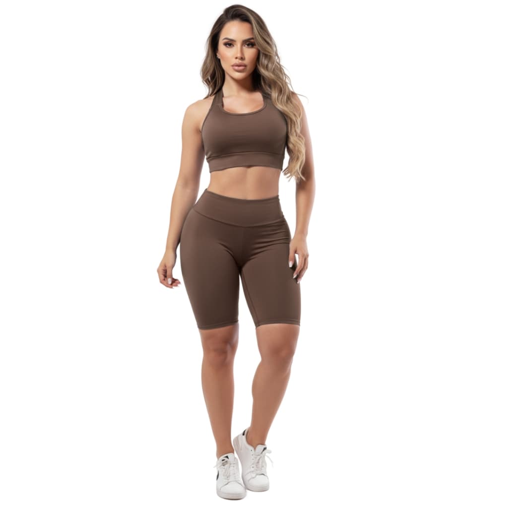 Conjunto Fitness Feminino Top + Bermuda Ciclista Roupas De Academia Ginástica Suplex Liso A09