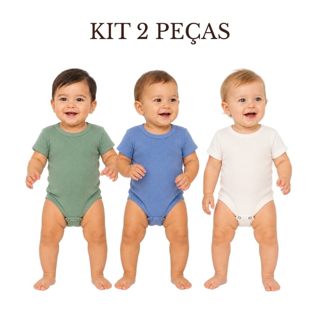 Kit 3 Peças Body Bebê Menino Manga Curta Ribana Canelada Liso Básico Unissex Enxoval