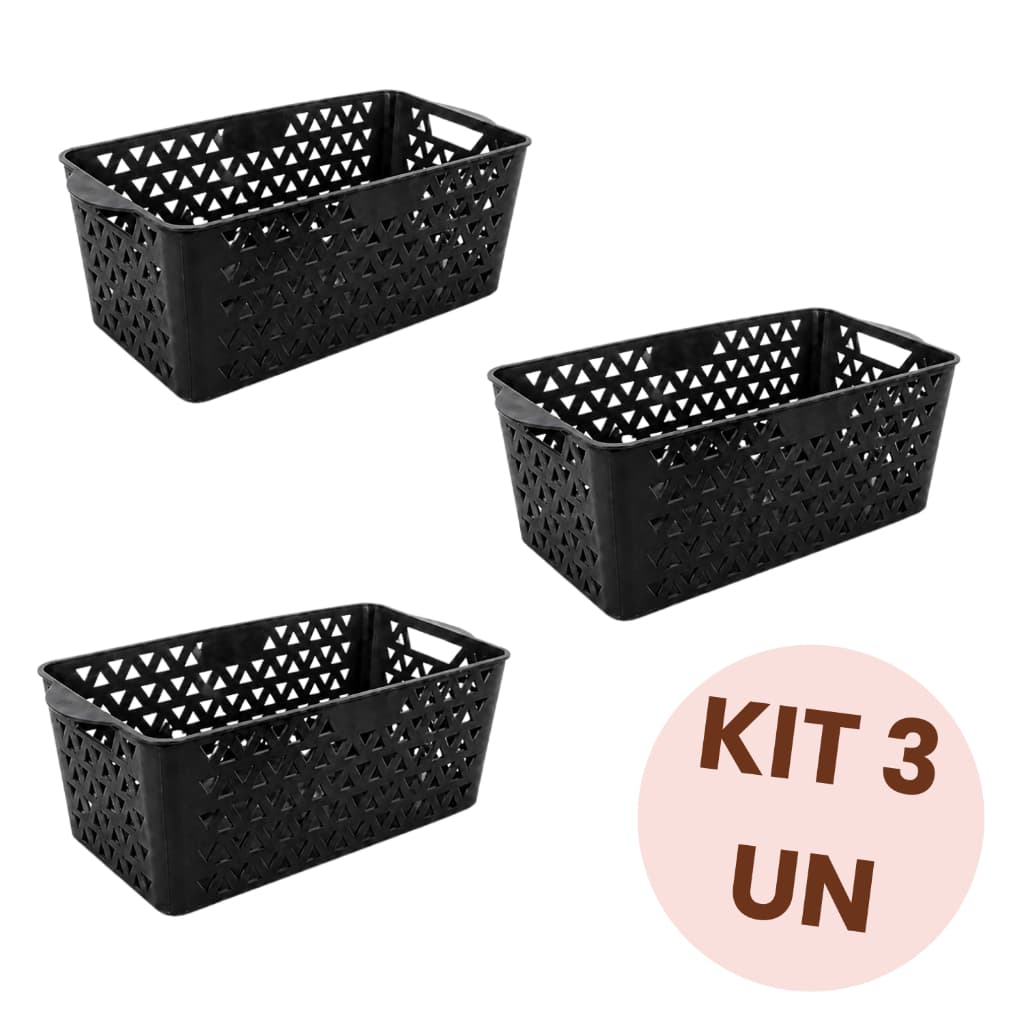 Kit 3 Cestos Organizadores Cor Preta Plástico Retangular Multiuso Banheiro Cozinha Lavanderia