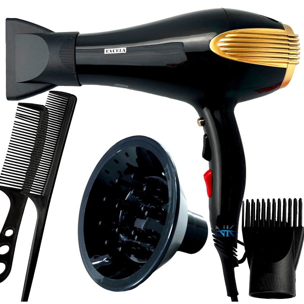 Secador De Cabelos Excela 2000w Profissional Íons Ar Quente Frio Com Bico Alisamento e Difusor De Cachos