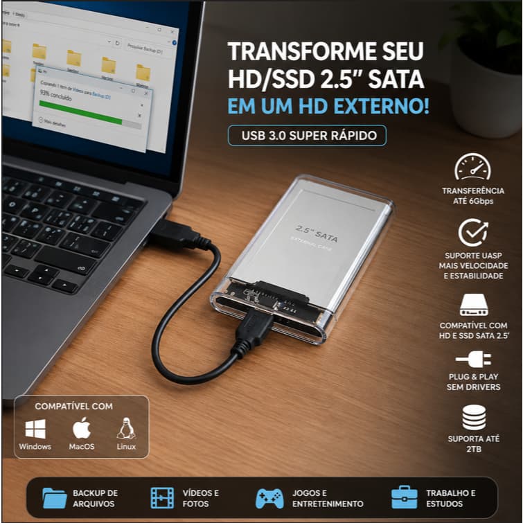 Case Externa HD SSD 2.5 USB 3.0 SATA III Gaveta Para Notebook PC Até 2TB UASP