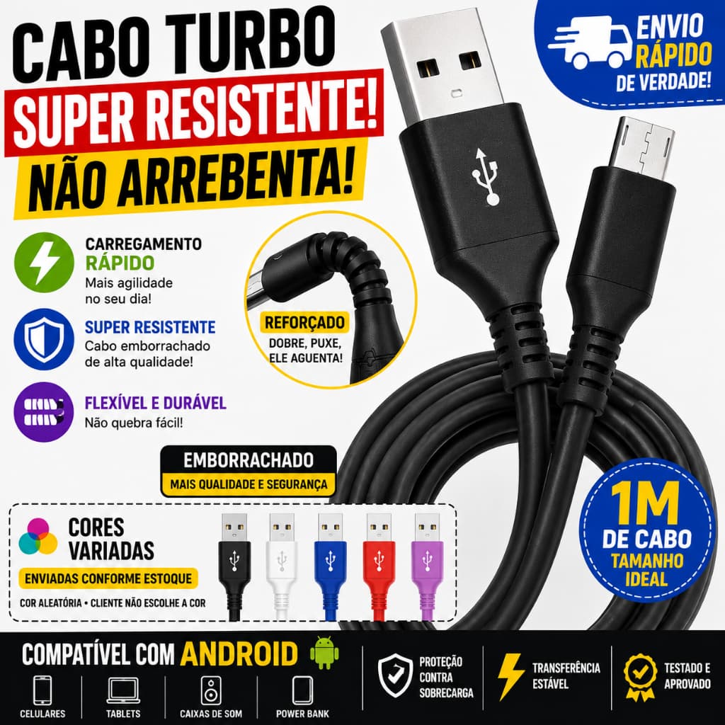 Cabo USB Tipo C Turbo Carregador Rápido Celular Android 1 Metro Reforçado
