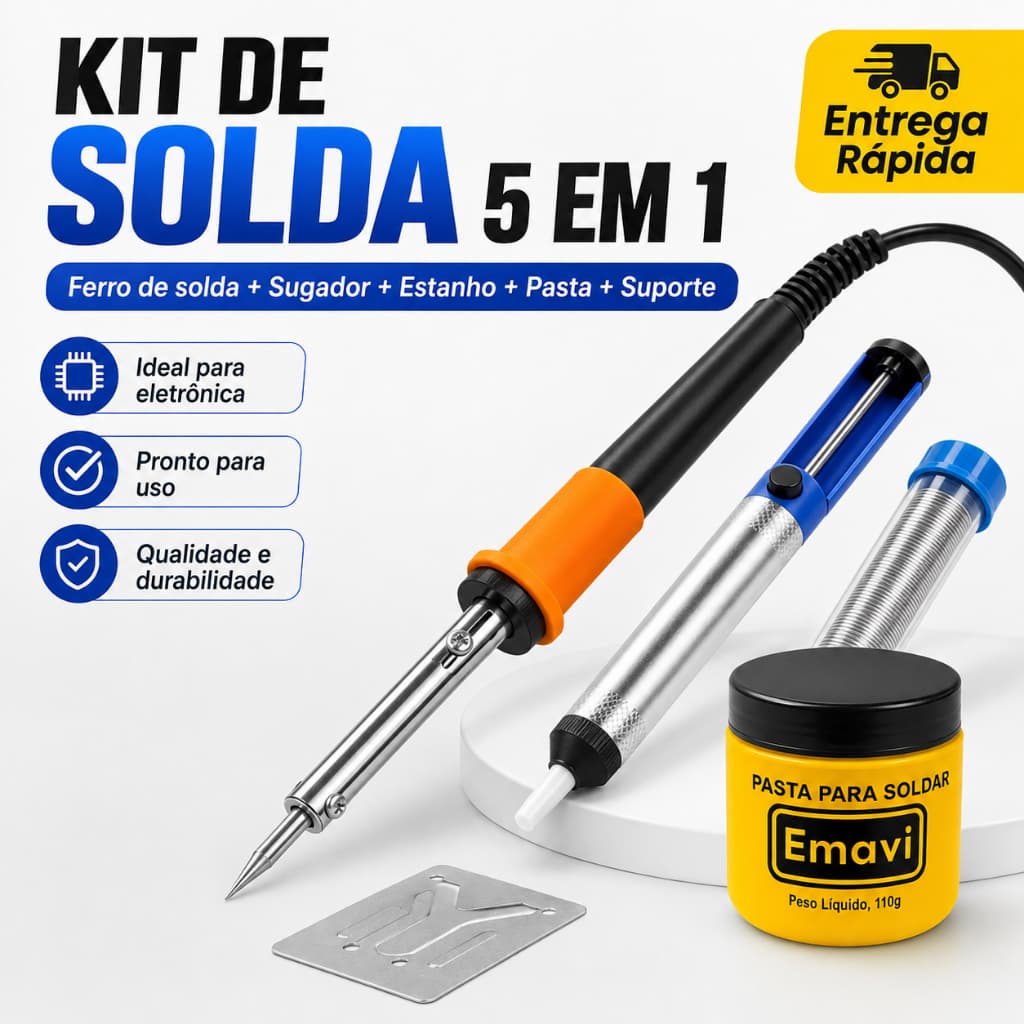 Kit Completo Solda Elétrica 5 em 1 – Ferro de Solda, Suporte, Sugador, Solda e Pasta | 110V ou 220V