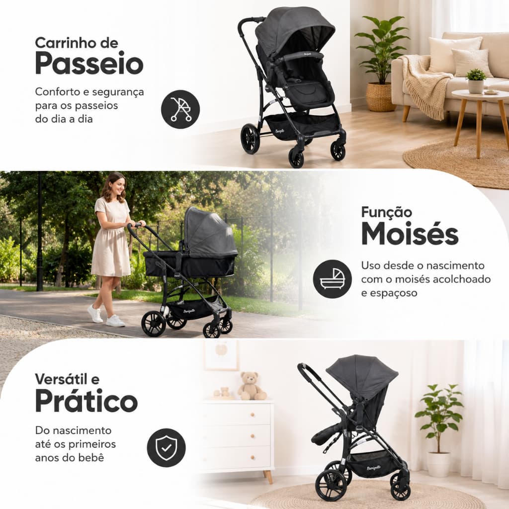 Carrinho De Bebê de Passeio e Moisés Convert Dark Grey Burigotto
