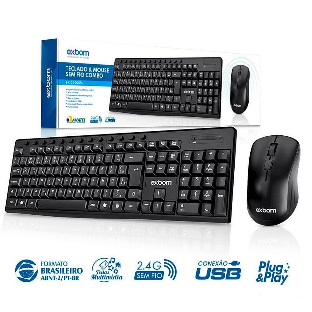 Kit Combo Teclado e Mouse Sem Fio Wireless c/ Multimídia Exbom BK-S1000M ABNT II c/ Dongle 2.4Ghz Mouse até 1600dpi