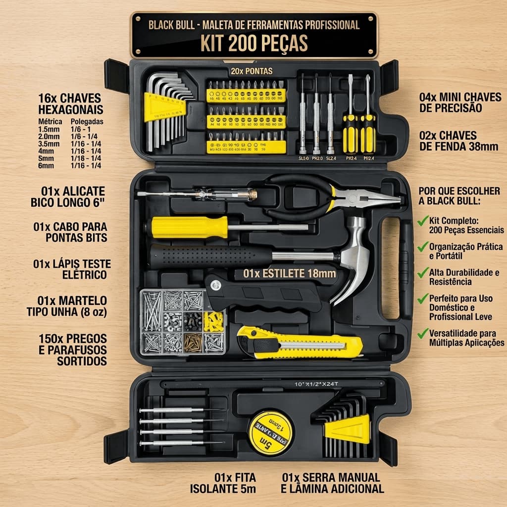 Kit Ferramentas Profissionais Maleta Organizador 200 Peças Completo Resistente Multifuncional
