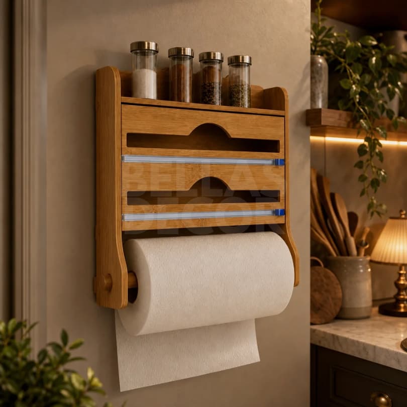 Organizador Suporte Porta Papel Toalha Bambu 3 em 1 Dispenser Cortador Filme Plastico Aluminio Prateleira Parede Cozinha