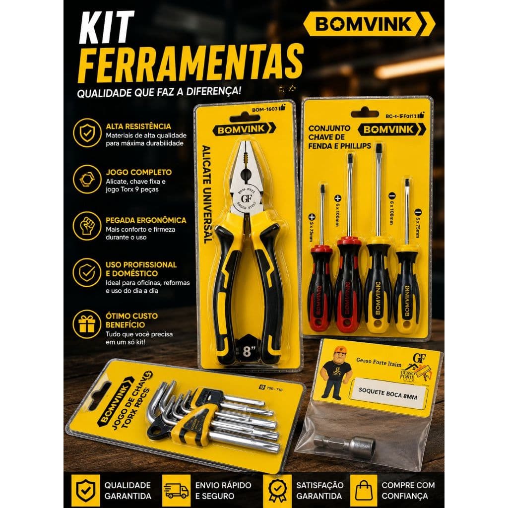 Kit Ferramentas Bomvink Completo – Alicate, Chaves, Allen e Soquete