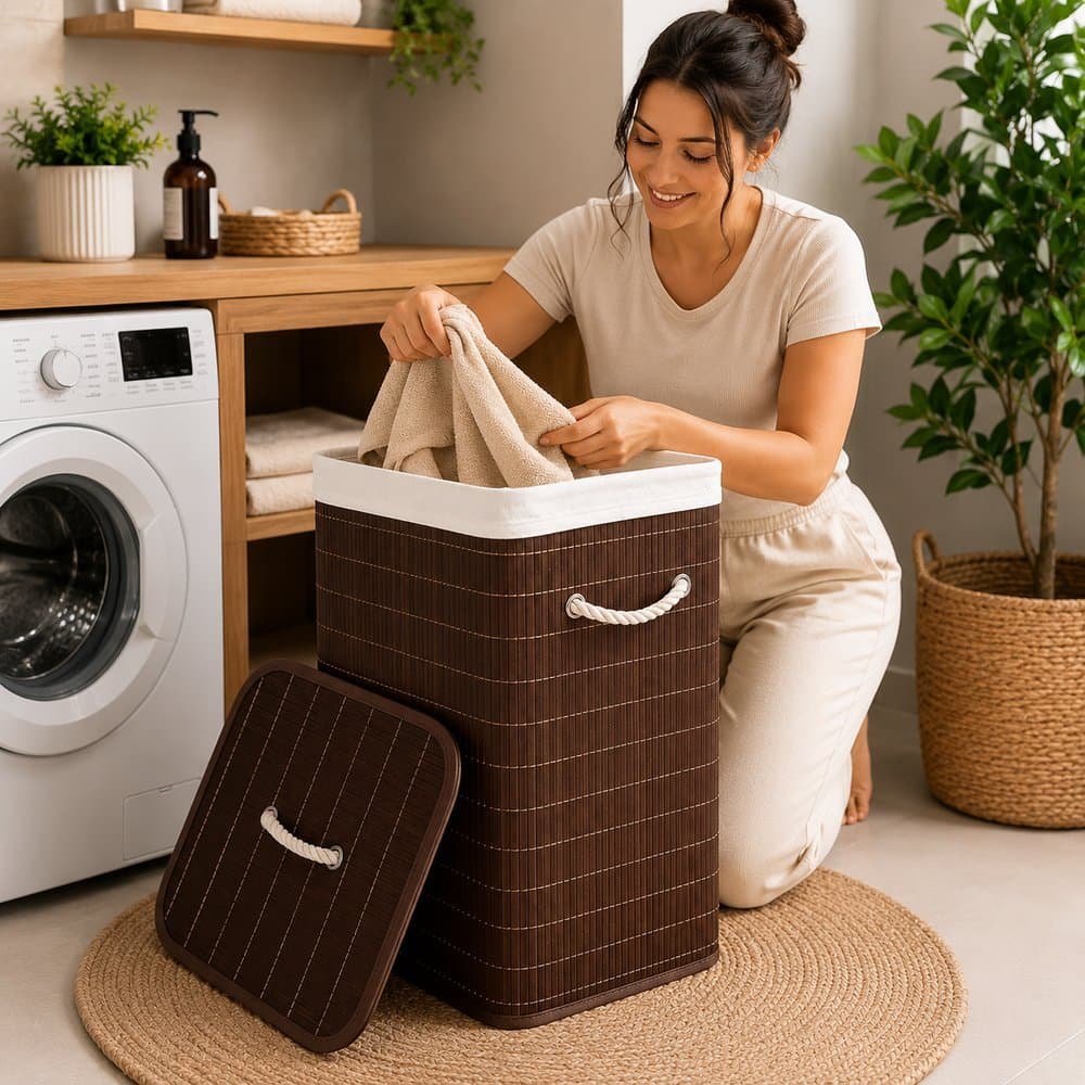 Cesto Organizador De Roupas Lavanderia Banheiro Quarto Bambu Com Alcas e Tampa 70 Lts Dobravel