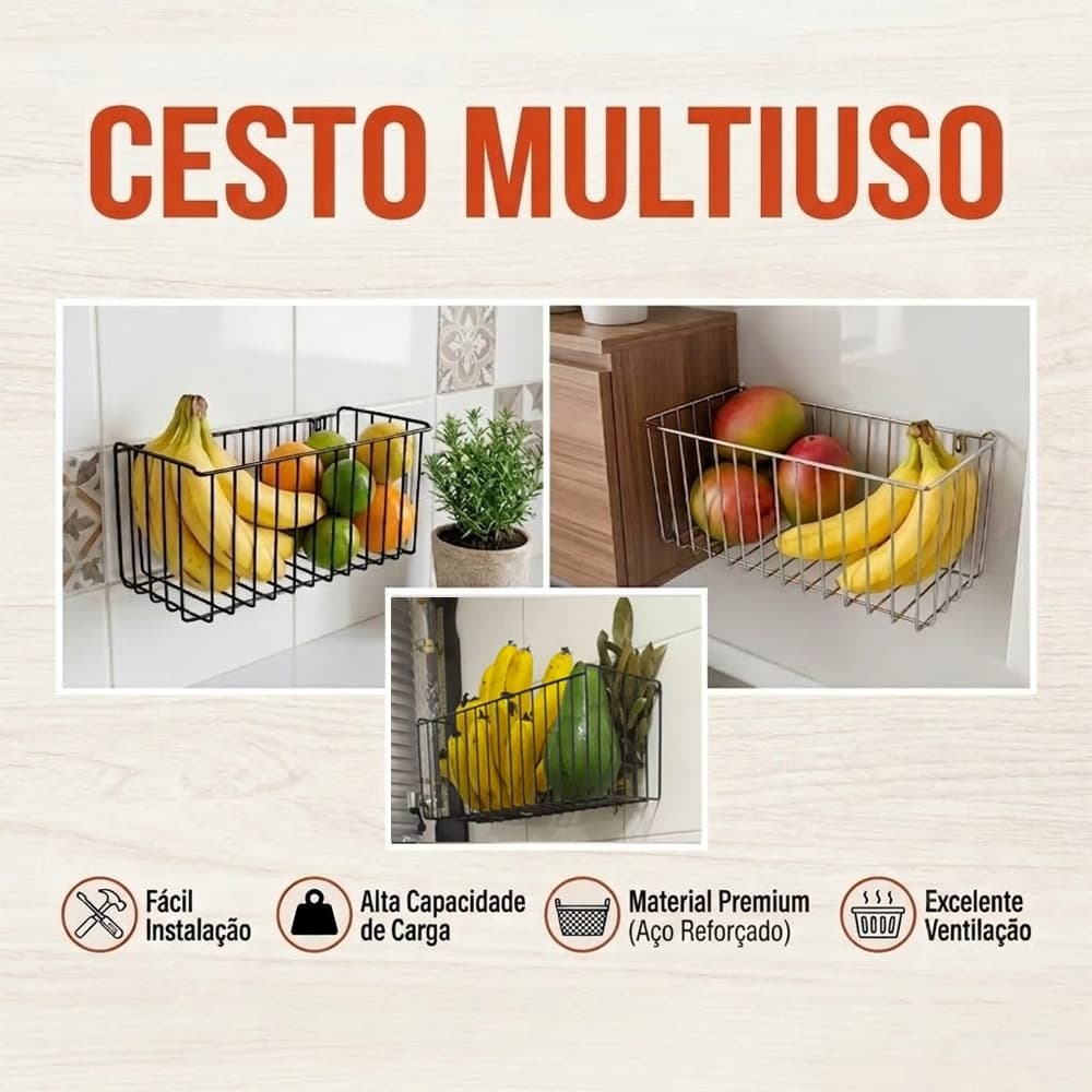 Kit 3 Cesto Fruteira de Parede para Cozinha Organizador Multiuso em Aço para Frutas Lavanderia Banheiro