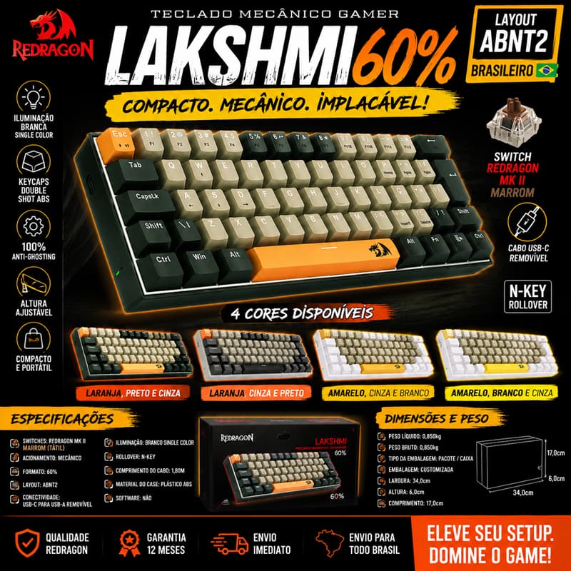 Teclado Gamer Mecânico Redragon Lakshmi 60% ABNT2