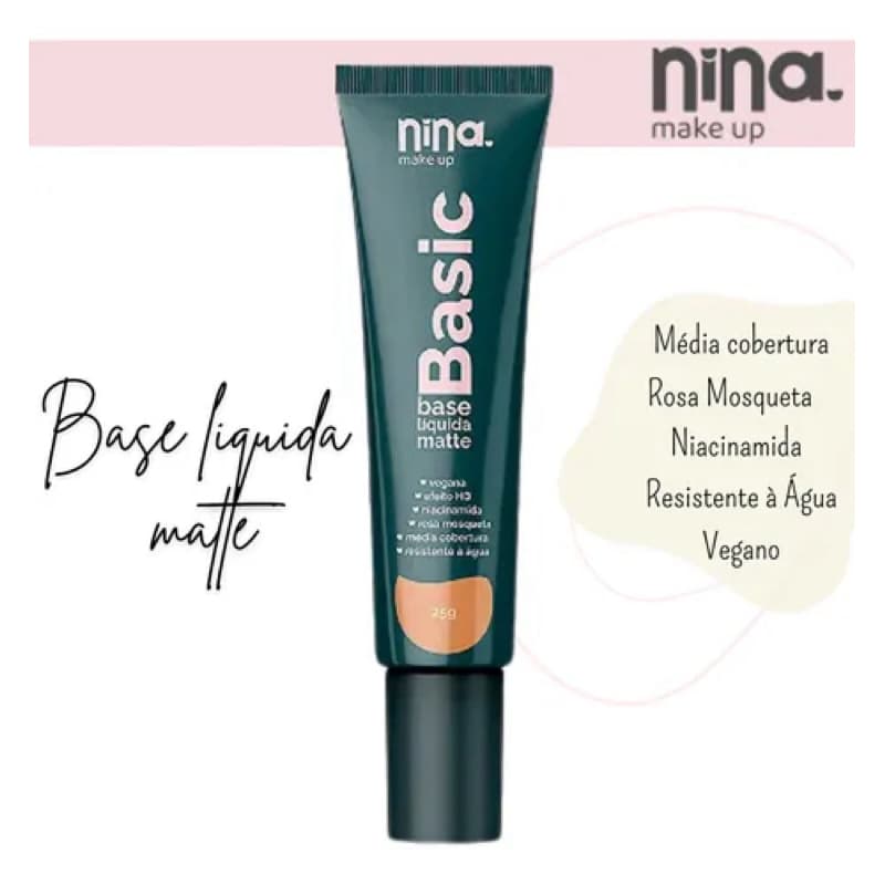 Base Líquida Hyaluronic Matte - Nina Make Up  Efeito HD, Vegana, Resistente à Água e com Niacinamida