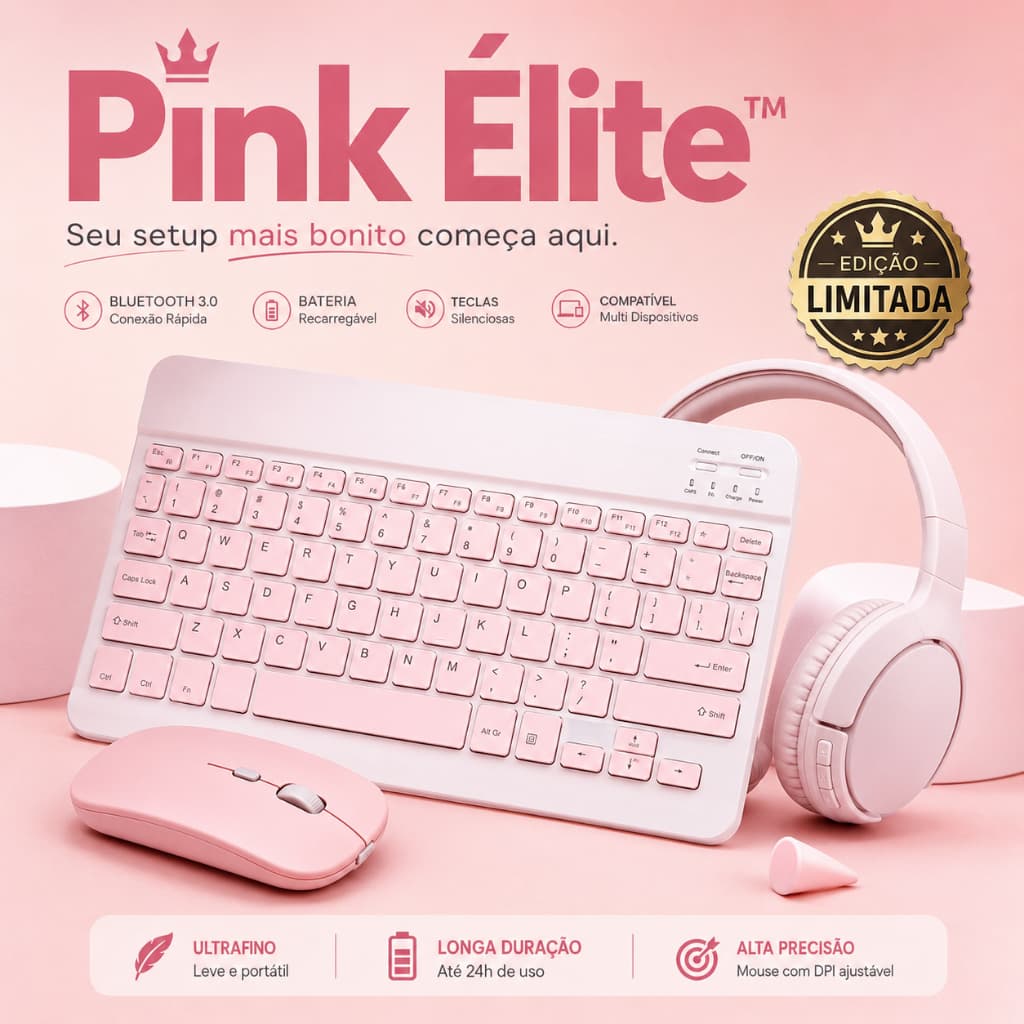 ROSA - Kit Fone de Ouvido Bluetooth + Teclado + Mouse Sem Fio Bluetooth Para Notebook e Tablet