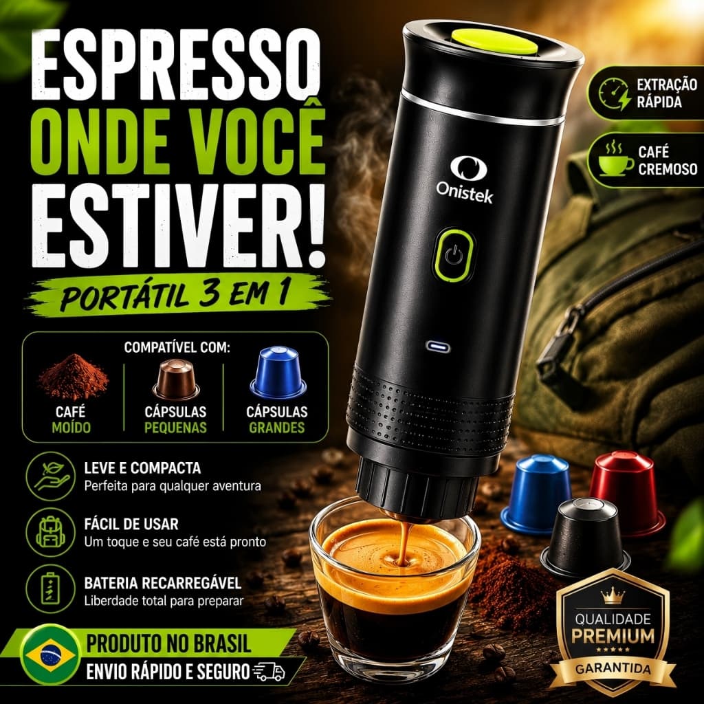 Onistek Máquina de Café Expresso Portátil 3 em 1 Elétrica Preta Cafeteira cápsulas ou Café Moído