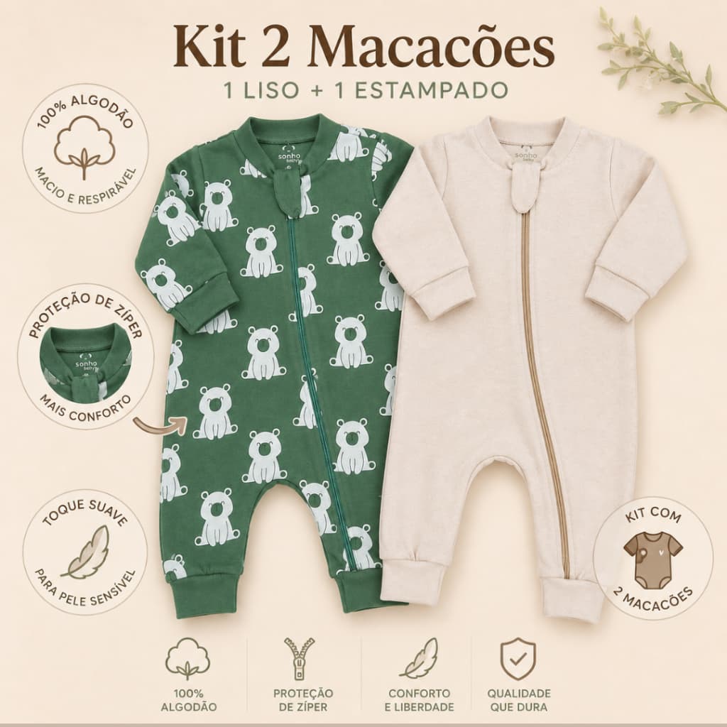 Kit 02 macacões bebê suedine 100% algodão liso e estampado enxoval com proteção de ziper