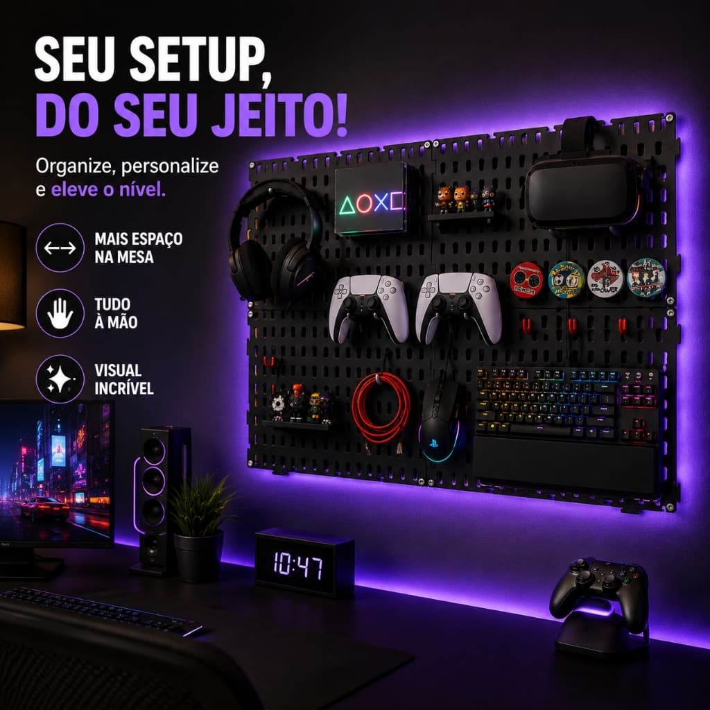 Painel Pegboard Organizador Setup Gamer 59x35 + Brindes