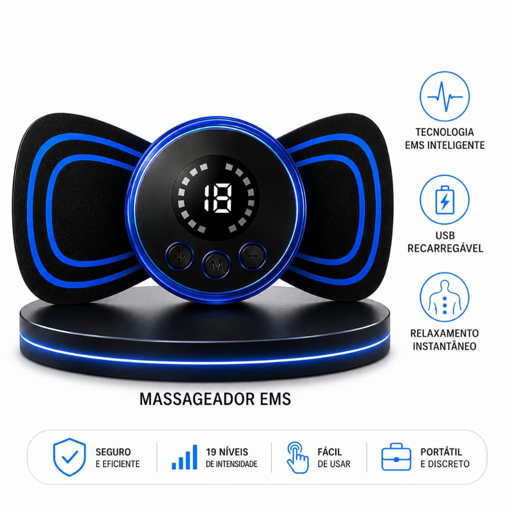 Massageador EMS Inteligente Recarregável Alívio Para Dor Muscular, Pescoço, Coluna, Lombar e Pernas USB Portátil