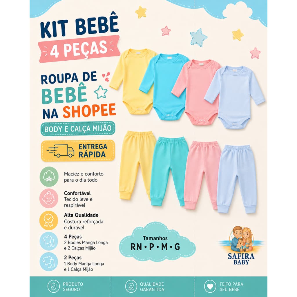 Kit Bebê 4 Peças  Body e Calça Mijão RN ao G Confortável