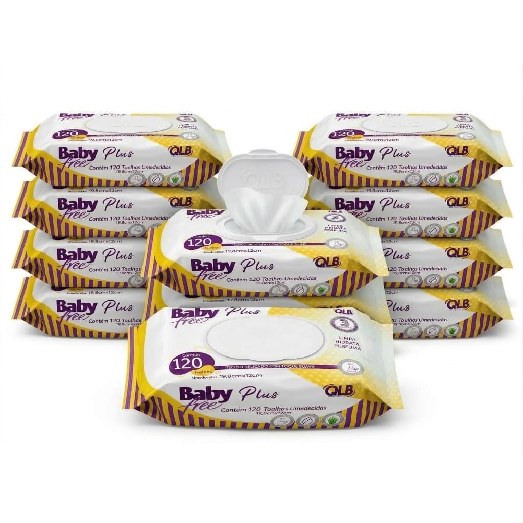 Caixa com 10 Lenços Umedecidos Baby Free Plus com 120 Unidades Cada – Tampa Flip-Top