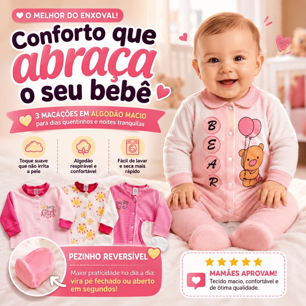 Kit 3 Macacão Menina Bebê Estampado Algodão Vira Pé Reversível Inverno Confortável Enxoval Macio