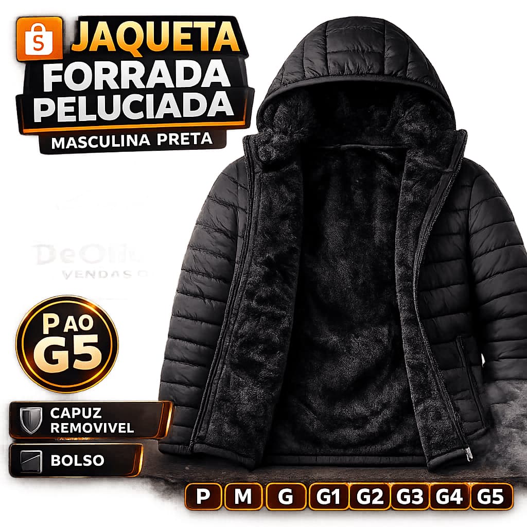 Jaqueta Bobojaco Masculina Premium Forrada Peluciada Preta Inverno Super Quente Capuz Removível Bolso com Zíper P ao G5