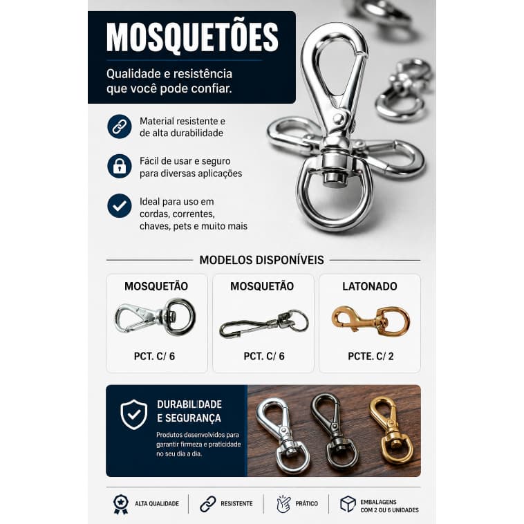 Kit Mosquetões para Guias, Coleiras e Acessórios Pet