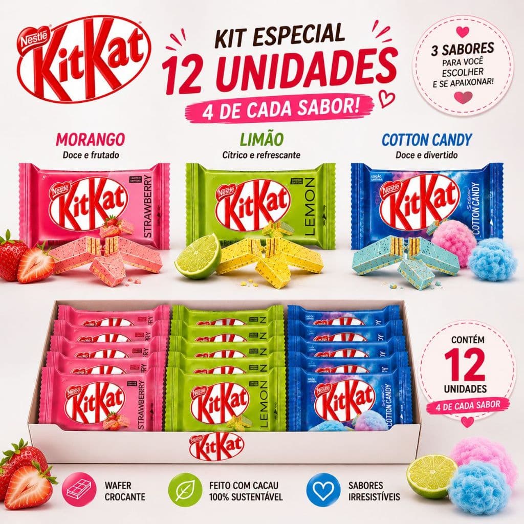 KitKat Importado Kit 12 Unidades Morango Limão Cotton Candy 41,5g Original Nestlé