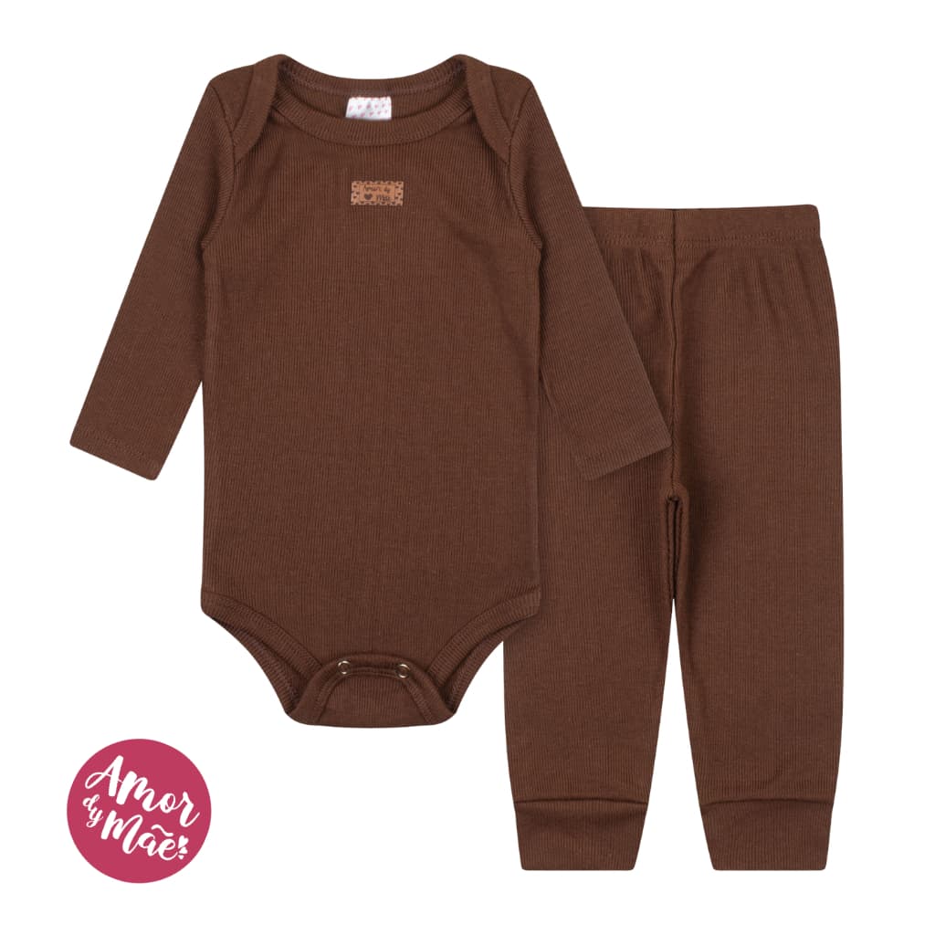 Conjunto Canelado Algodão  Body Bebê Manga Longa e  Calça Mijão Menino Menina P ao GG