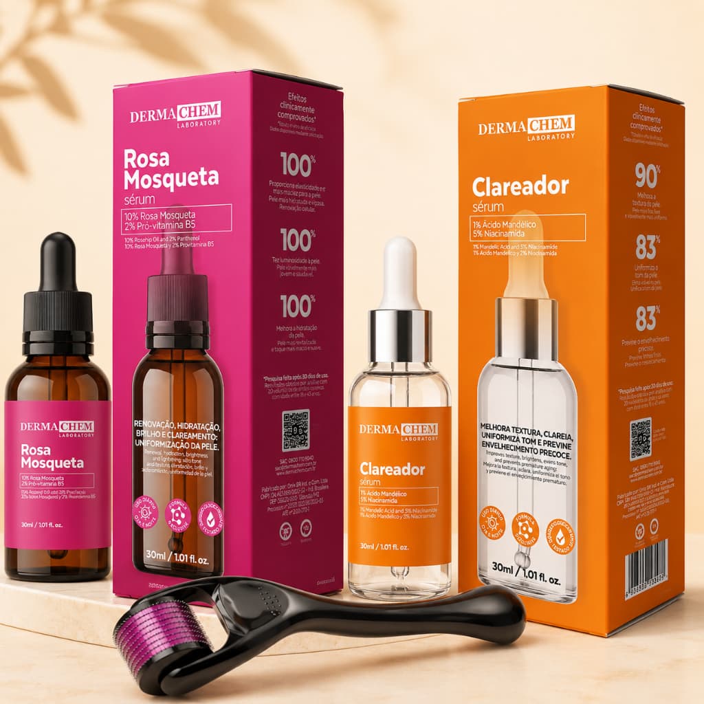 Kit Sérum Microagulhamento Dermaroller Facial Niacinamida Vitamina C Rosa Mosqueta Anti Acne e Manchas 0.5-1-1.5