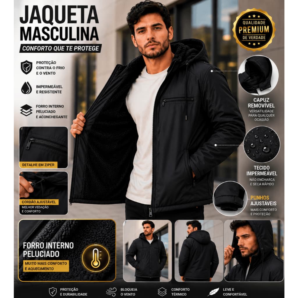 Jaqueta Masculina Forrada Impermeável Frio Com Capuz Removível